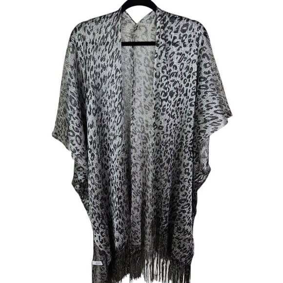 Leopard Print Silver Fringe Shawl Kimono Cover up Mesh Open Front One Size - Picture 12 of 12